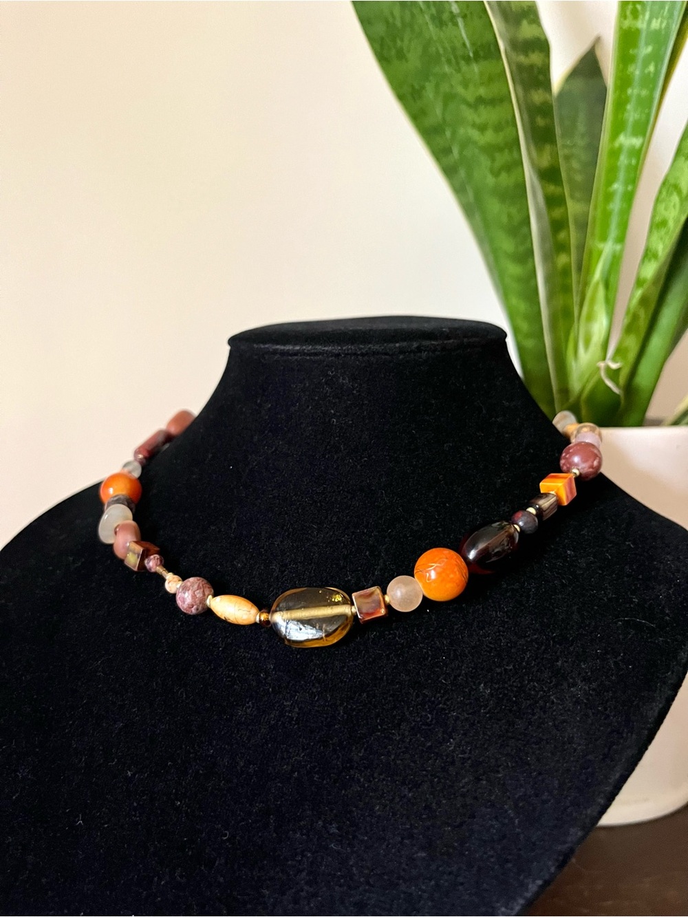 “Amber Sunset” Mixed Glass & Wood Beaded Necklace